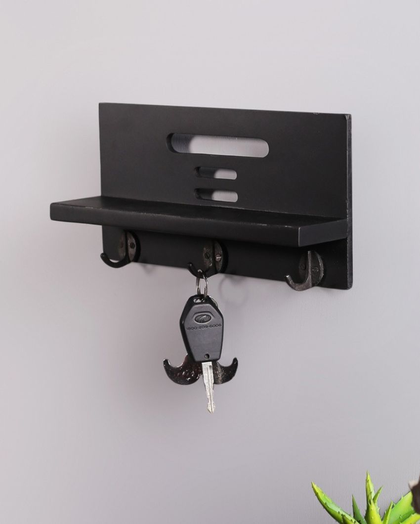 Wood Wall Hanging Shelf Key Holder with 3 Hooks in Black Color | 12 x 3 x 6 inches