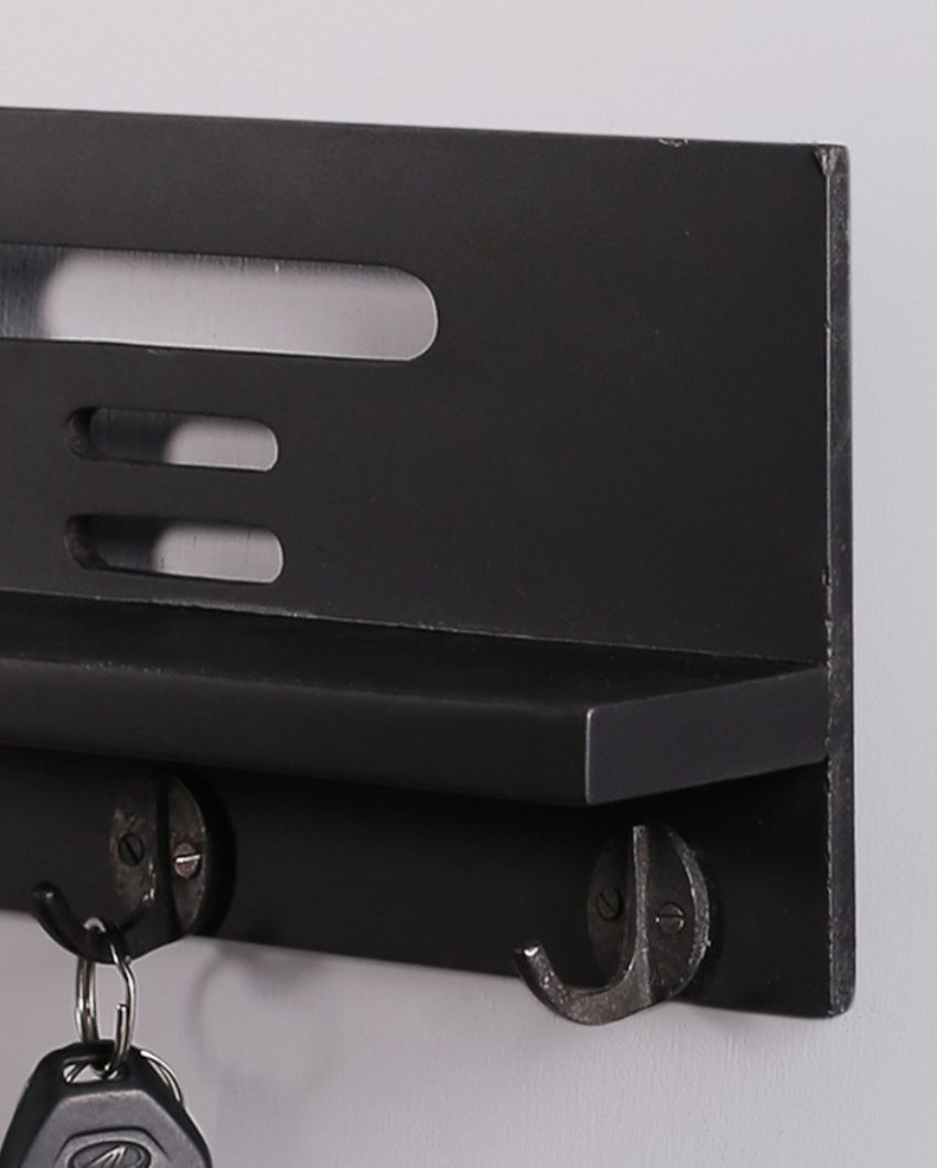 Wood Wall Hanging Shelf Key Holder with 3 Hooks in Black Color | 12 x 3 x 6 inches