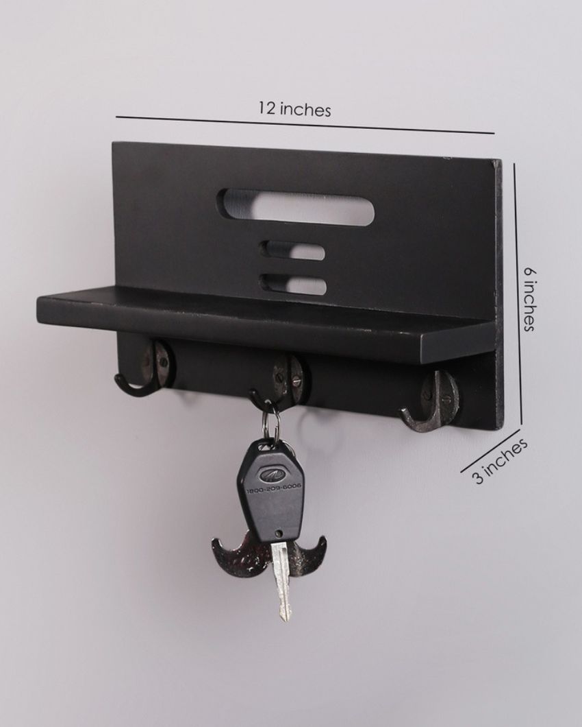 Wood Wall Hanging Shelf Key Holder with 3 Hooks in Black Color | 12 x 3 x 6 inches