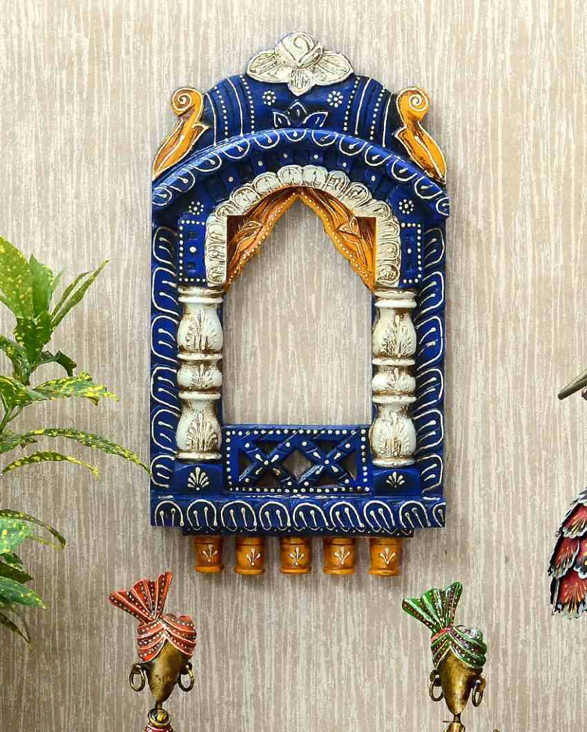 Indian Blue Color Wooden Handpainted Decorative Jharokha Frame | 9 x 2 x 16 inches
