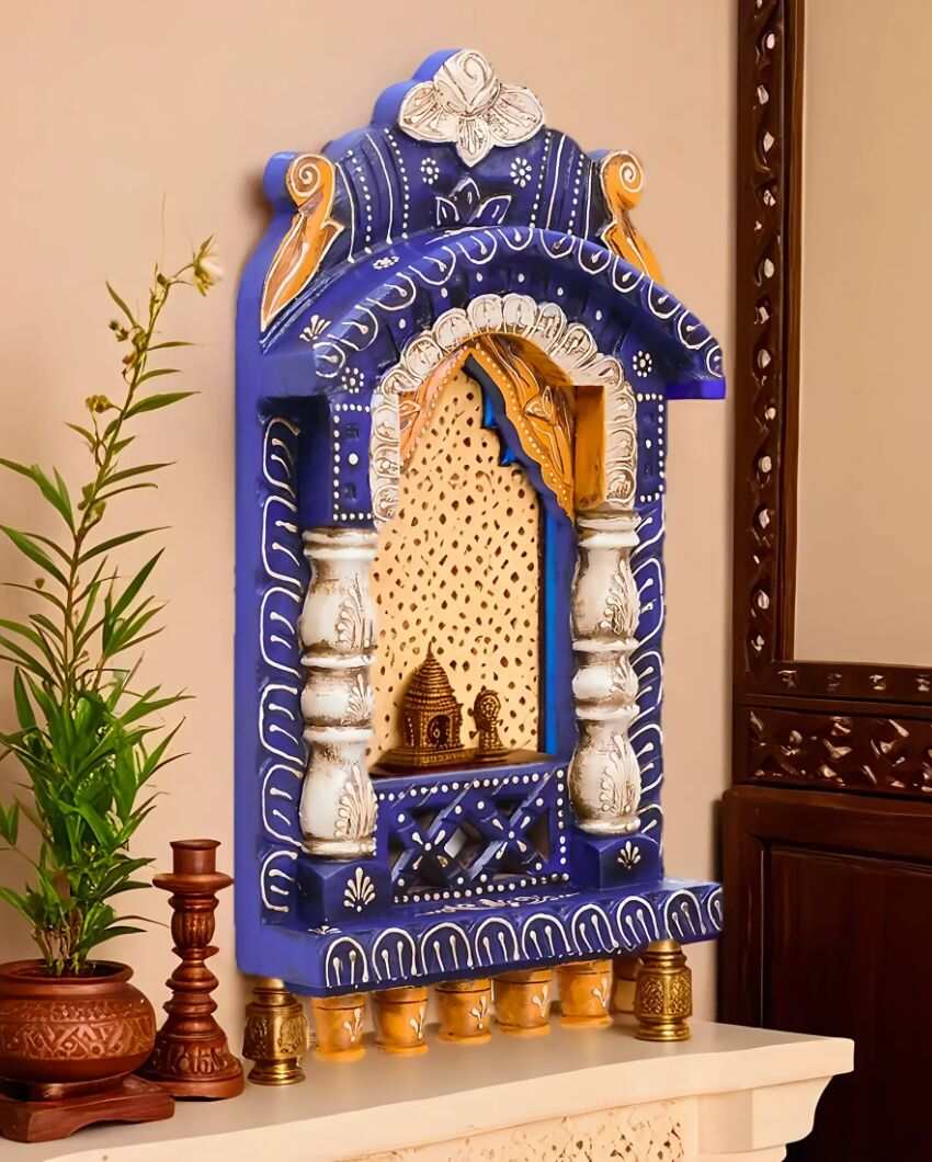 Indian Blue Color Wooden Handpainted Decorative Jharokha Frame | 9 x 2 x 16 inches