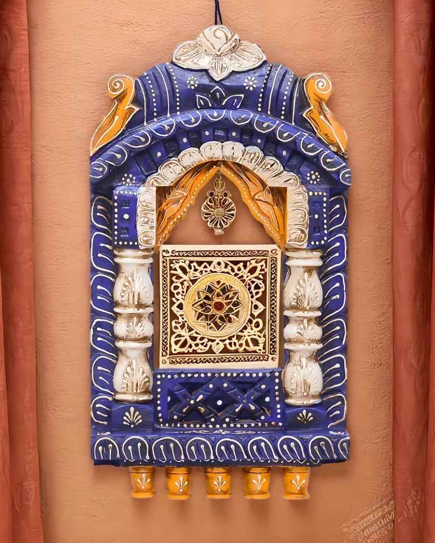 Indian Blue Color Wooden Handpainted Decorative Jharokha Frame | 9 x 2 x 16 inches