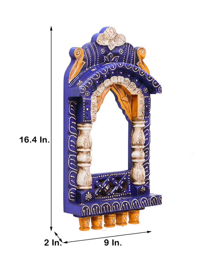 Indian Blue Color Wooden Handpainted Decorative Jharokha Frame | 9 x 2 x 16 inches