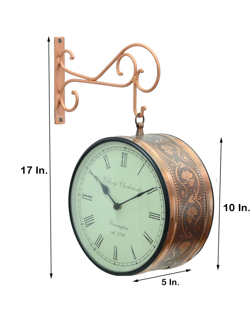 Metal Copper Finish Wall Hanging Railway Clock Showpiece | 10 x 5 x 17 inches