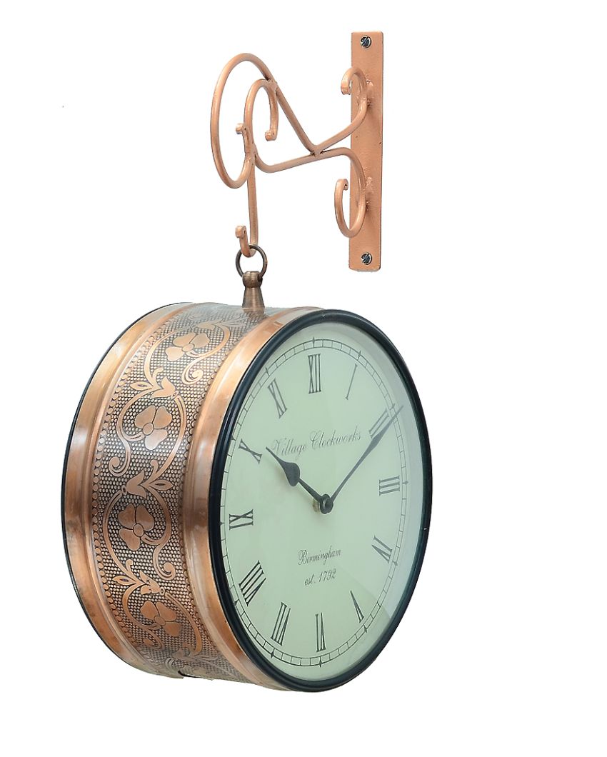 Metal Copper Finish Wall Hanging Railway Clock Showpiece | 10 x 5 x 17 inches