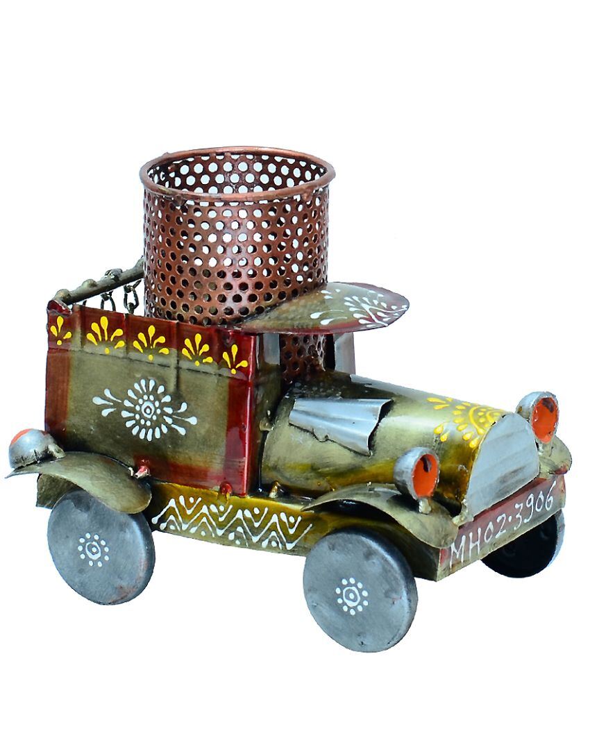 Jeep Design Metal Handpainted Showpiece Pen Stand | 5 x 7 x 6 inches
