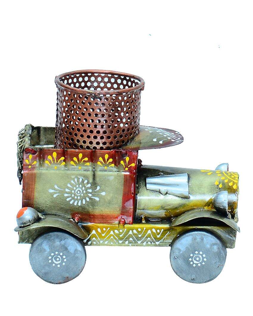 Jeep Design Metal Handpainted Showpiece Pen Stand | 5 x 7 x 6 inches