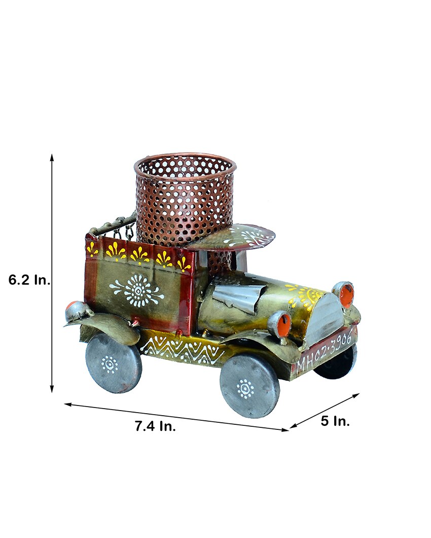 Jeep Design Metal Handpainted Showpiece Pen Stand | 5 x 7 x 6 inches