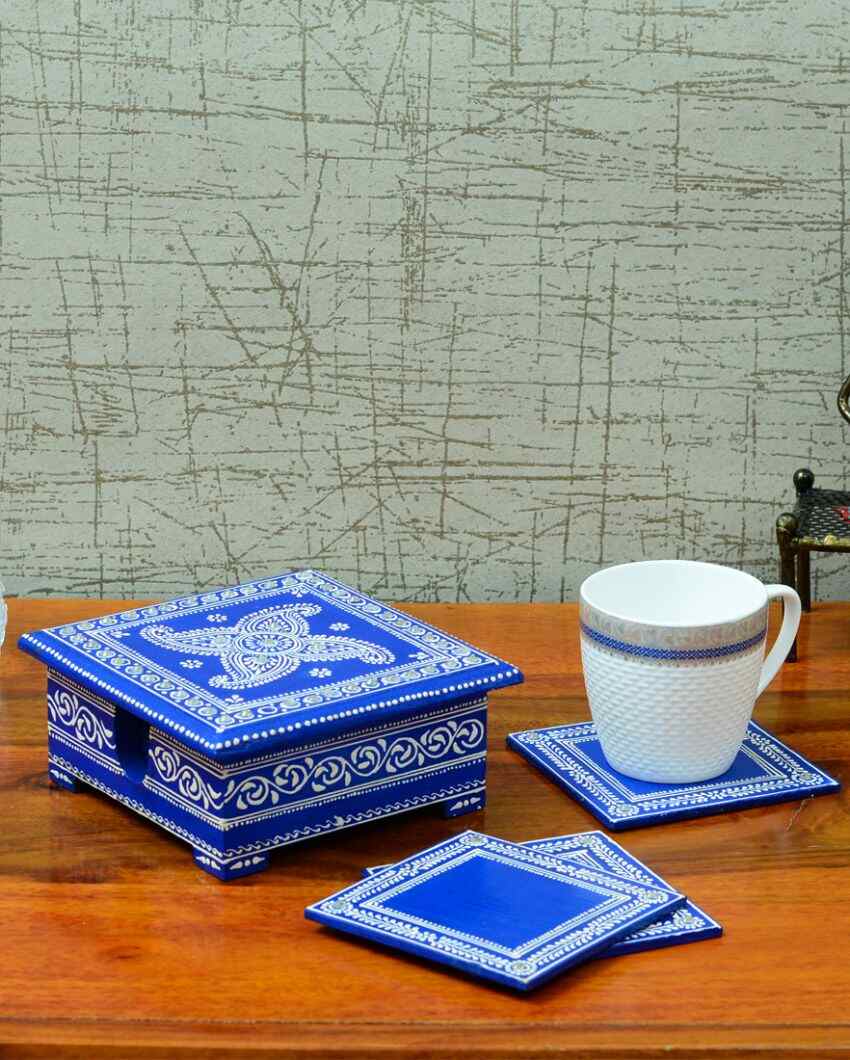 Decorative Blue Color 6 Tea Coasters with Case | 5 x 5 x 2 inches