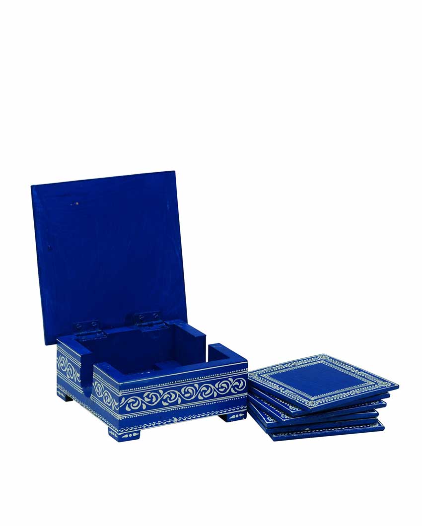 Decorative Blue Color 6 Tea Coasters with Case | 5 x 5 x 2 inches
