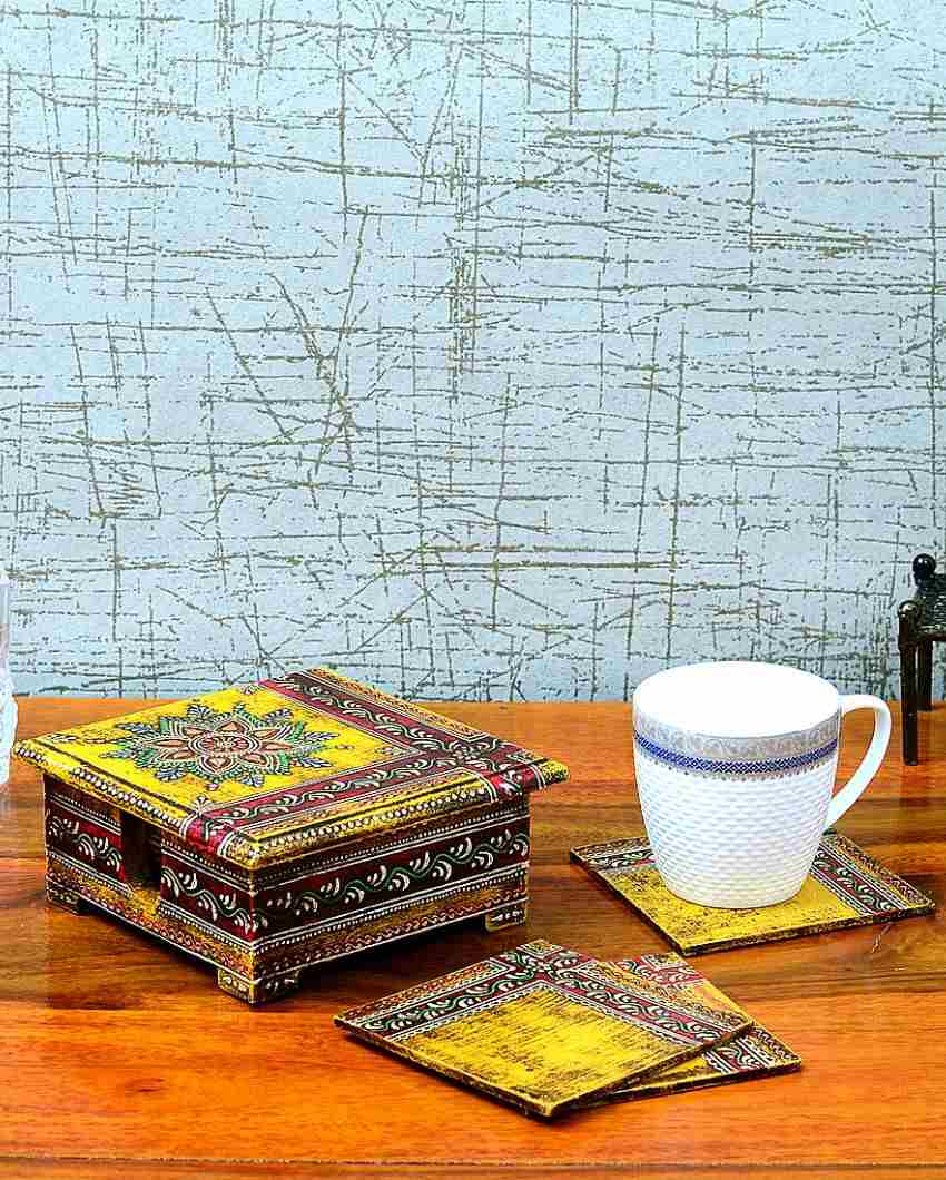 Aged Decorative Yellow Color 6 Tea Coasters with Case | 5 x 5 x 2 inches