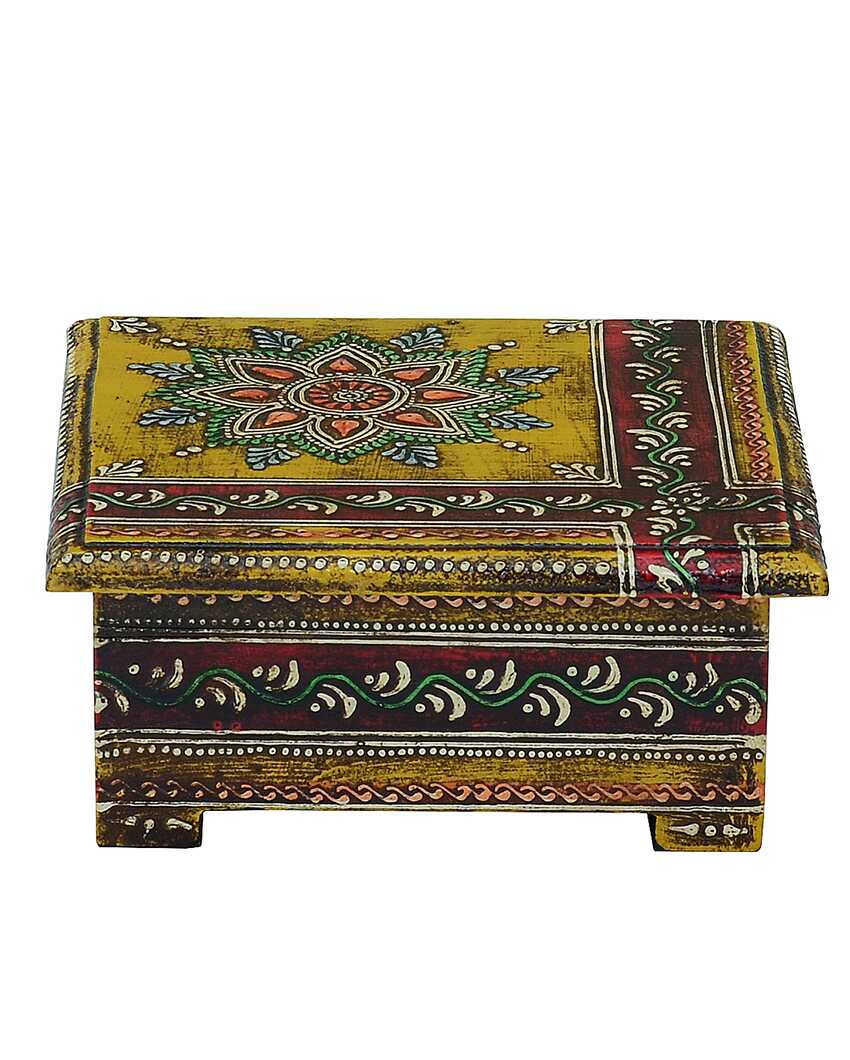 Aged Decorative Yellow Color 6 Tea Coasters with Case | 5 x 5 x 2 inches