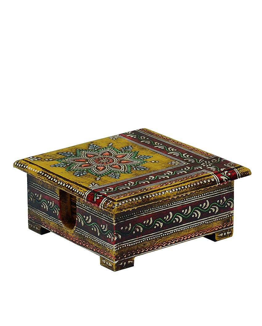 Aged Decorative Yellow Color 6 Tea Coasters with Case | 5 x 5 x 2 inches