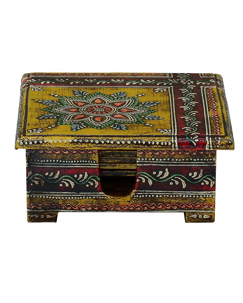 Aged Decorative Yellow Color 6 Tea Coasters with Case | 5 x 5 x 2 inches