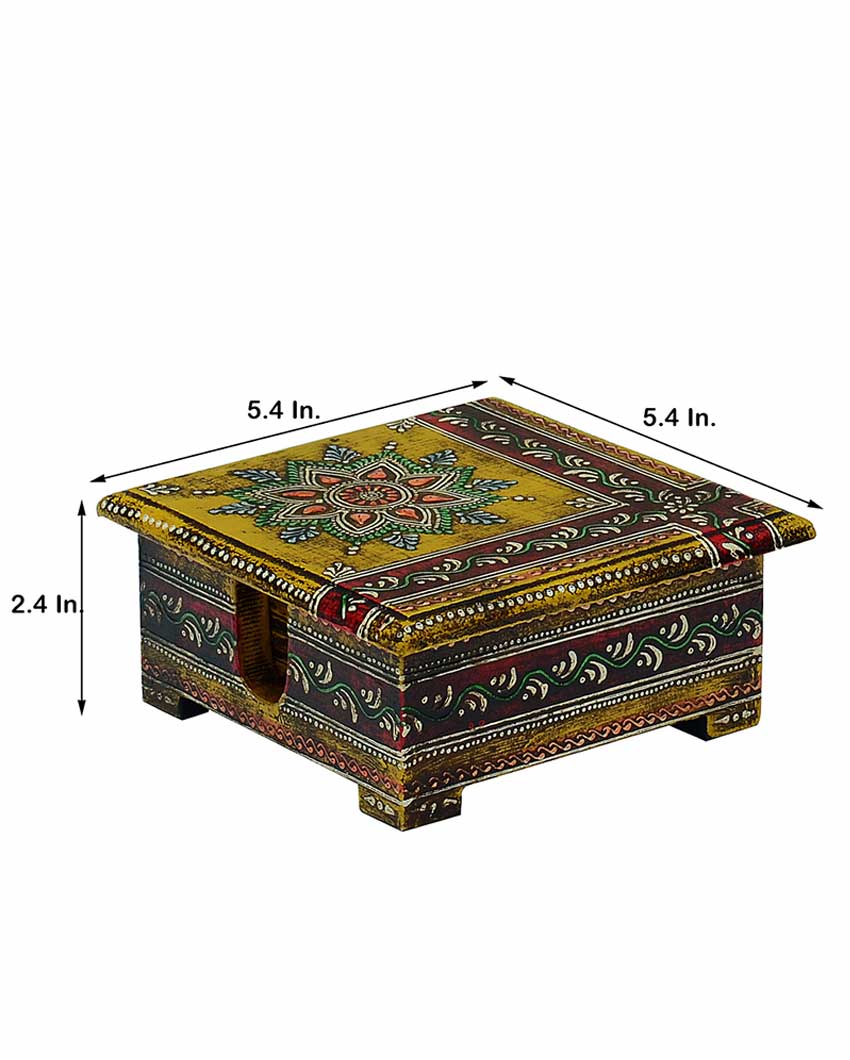 Aged Decorative Yellow Color 6 Tea Coasters with Case | 5 x 5 x 2 inches