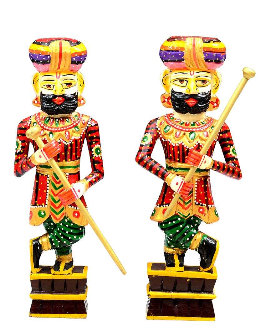 Chowkidaar Wooden Handpainted Decorative Showpiece | Set Of 2 | 5 x 2 x 15 inches