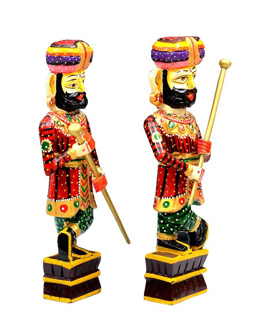 Chowkidaar Wooden Handpainted Decorative Showpiece | Set Of 2 | 5 x 2 x 15 inches