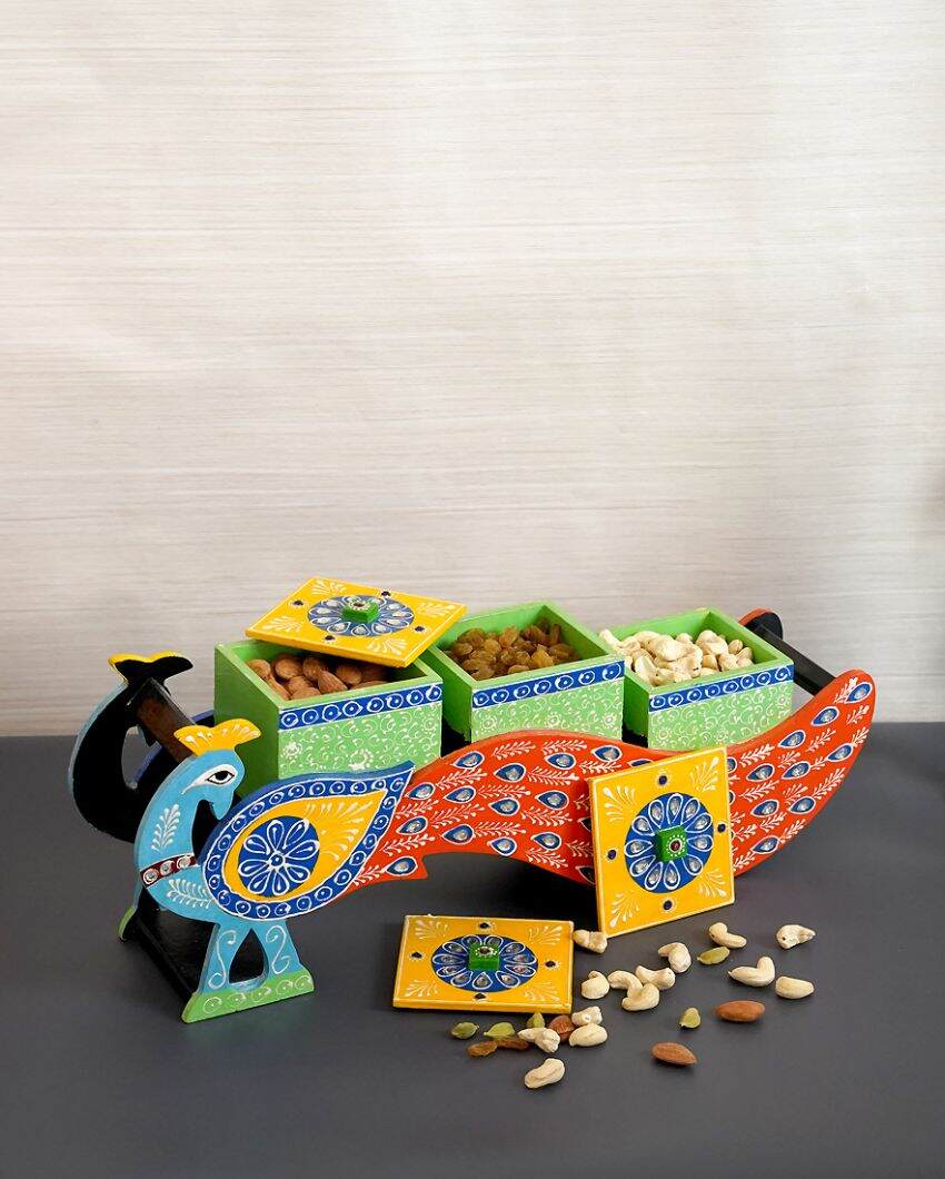 Multicolor Mdf Handpainted Showpiece 3 Drawers Peacock Dry Fruit Boxes | 4 x 16 x 6 inches