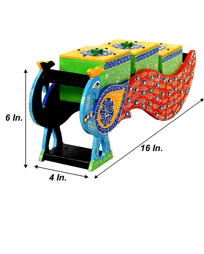 Multicolor Mdf Handpainted Showpiece 3 Drawers Peacock Dry Fruit Boxes | 4 x 16 x 6 inches
