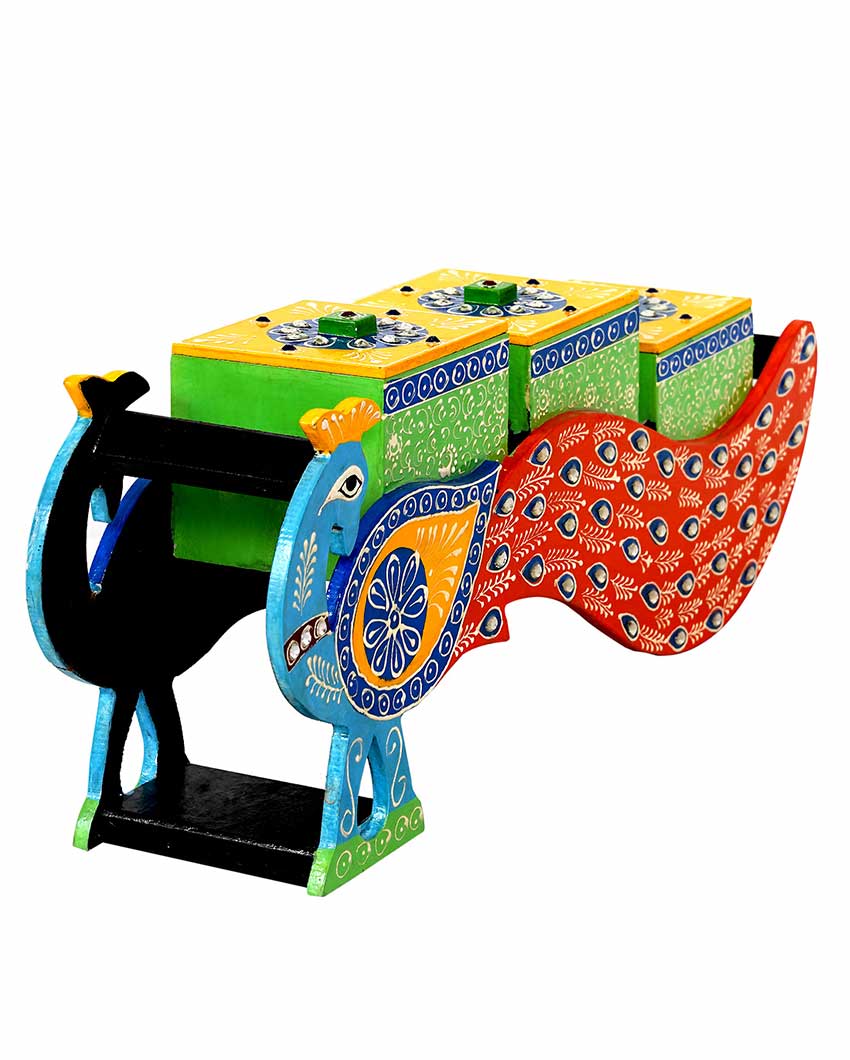 Multicolor Mdf Handpainted Showpiece 3 Drawers Peacock Dry Fruit Boxes | 4 x 16 x 6 inches