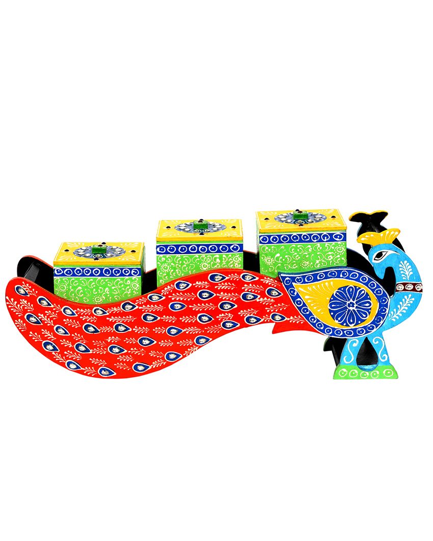 Multicolor Mdf Handpainted Showpiece 3 Drawers Peacock Dry Fruit Boxes | 4 x 16 x 6 inches