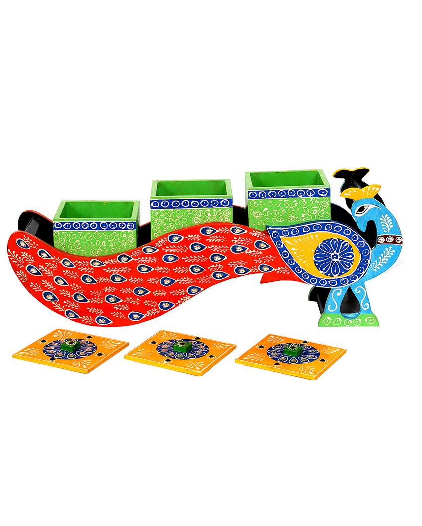 Multicolor Mdf Handpainted Showpiece 3 Drawers Peacock Dry Fruit Boxes | 4 x 16 x 6 inches