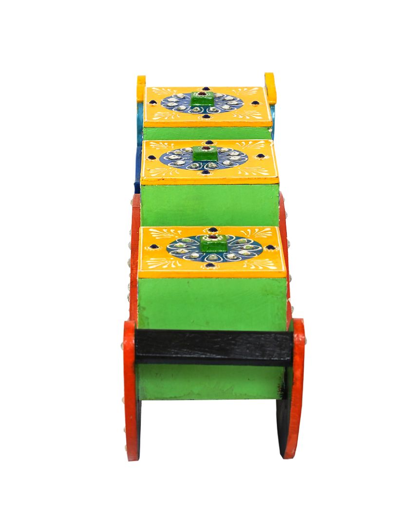 Multicolor Mdf Handpainted Showpiece 3 Drawers Peacock Dry Fruit Boxes | 4 x 16 x 6 inches