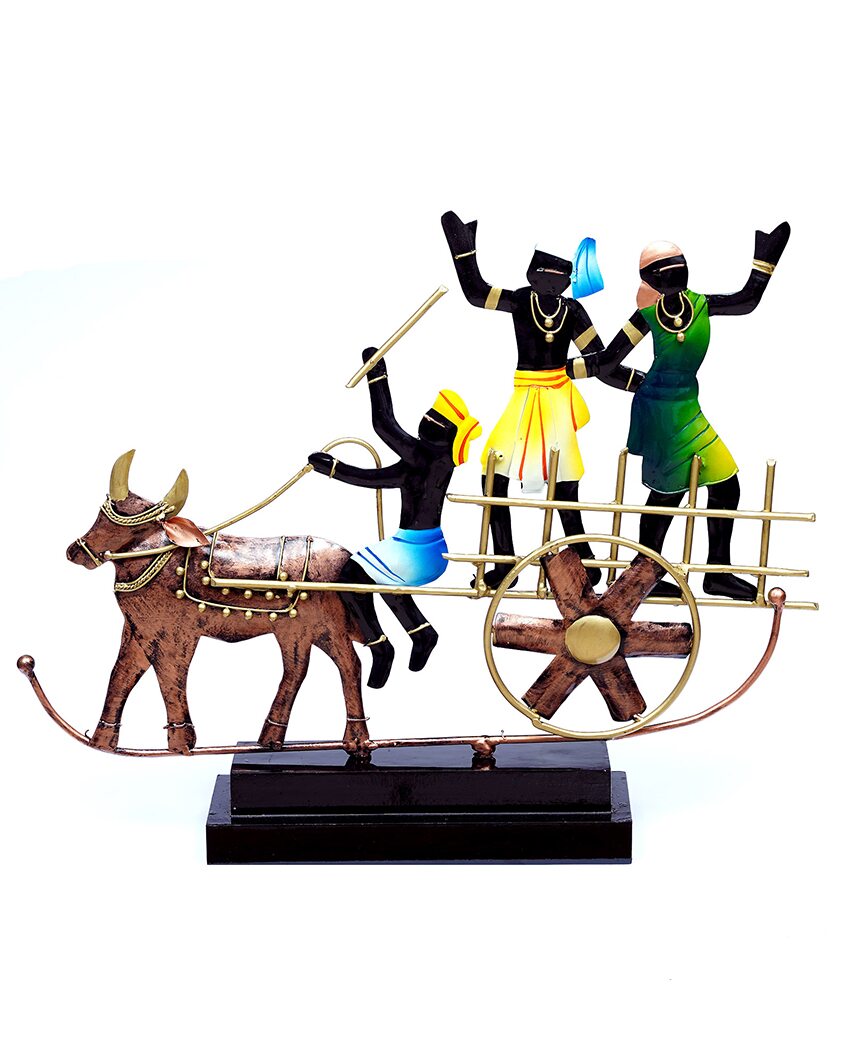 Multicolor Ox Cart Metal Showpiece with Wooden Base | 17 x 3 x 13 inches
