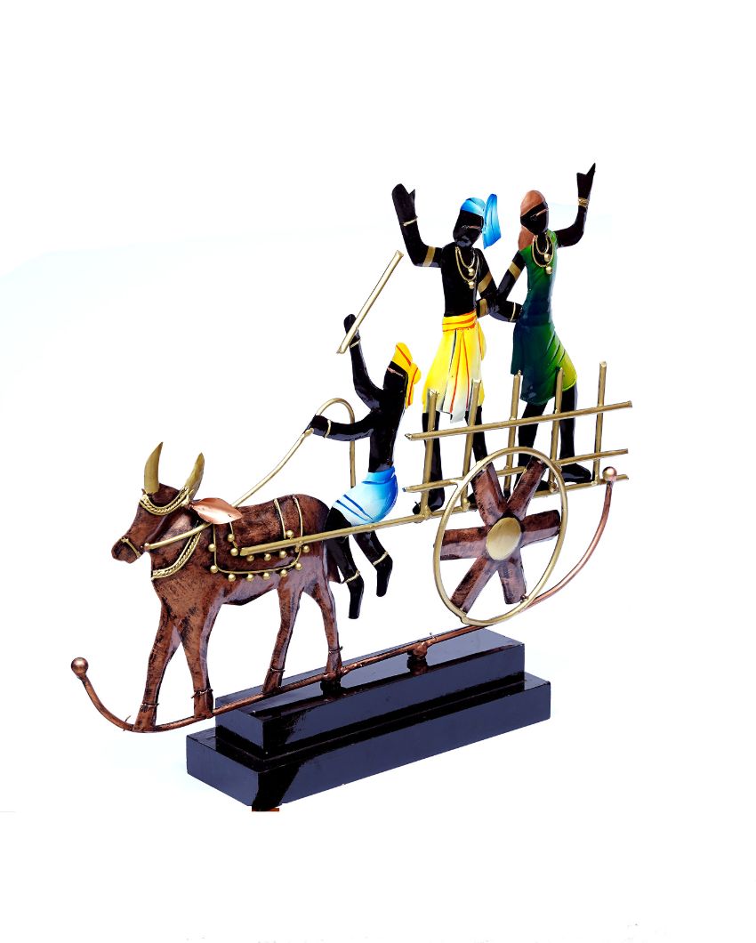 Multicolor Ox Cart Metal Showpiece with Wooden Base | 17 x 3 x 13 inches