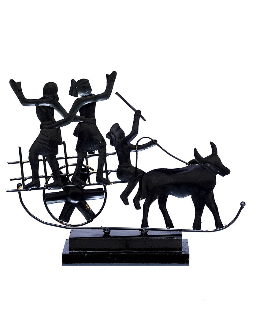 Multicolor Ox Cart Metal Showpiece with Wooden Base | 17 x 3 x 13 inches