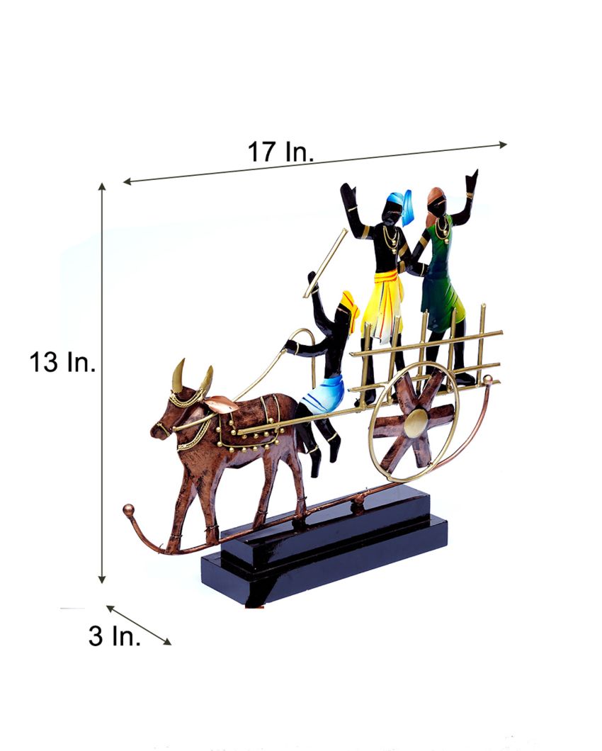 Multicolor Ox Cart Metal Showpiece with Wooden Base | 17 x 3 x 13 inches
