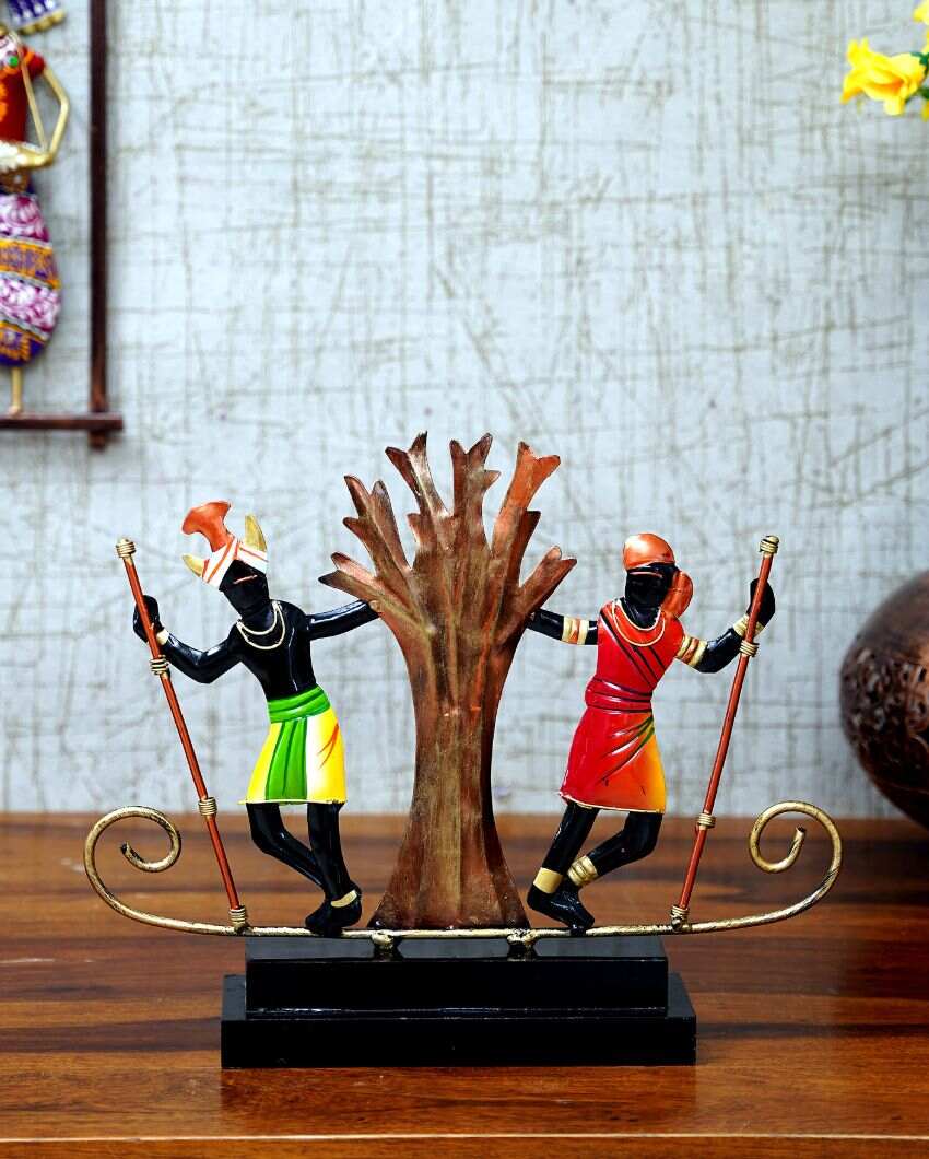 Folk-inspired Momento Metal Decorative Tribal Couple Showpiece | 14 x 3 x 11 inches