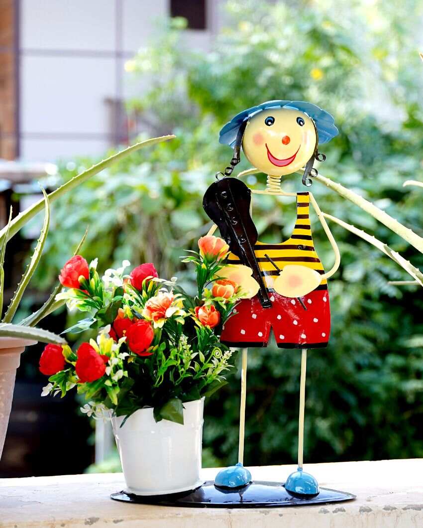 Yellow Handpainted Metal Musician Flower Basket Planter | 13 x 6 x 20 inches | Plant not included