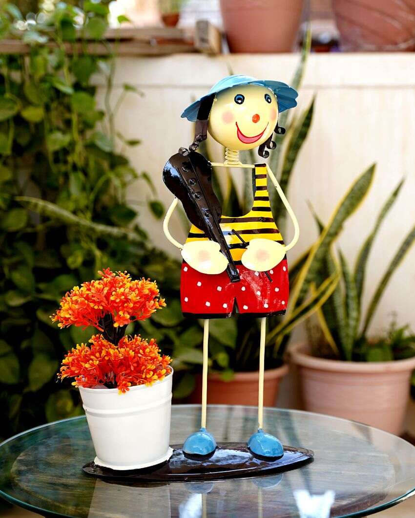 Yellow Handpainted Metal Musician Flower Basket Planter | 13 x 6 x 20 inches | Plant not included