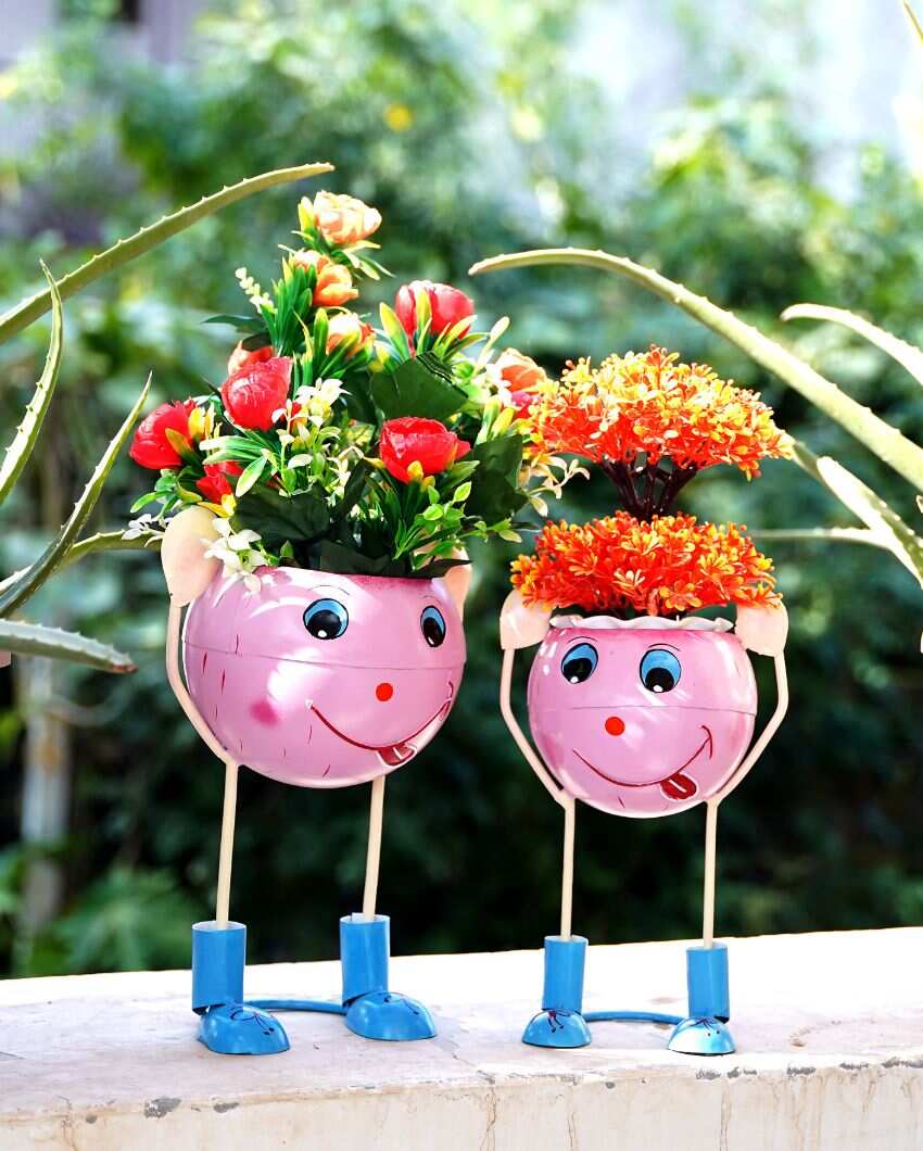 Doll Metal Handpainted Pink Color Flower Planter | Set Of 2 | Plant not included