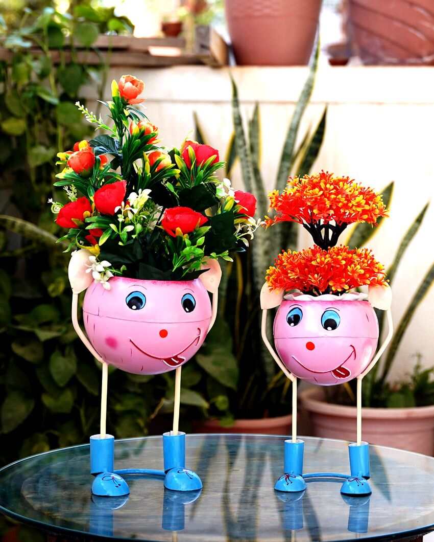 Doll Metal Handpainted Pink Color Flower Planter | Set Of 2 | Plant not included