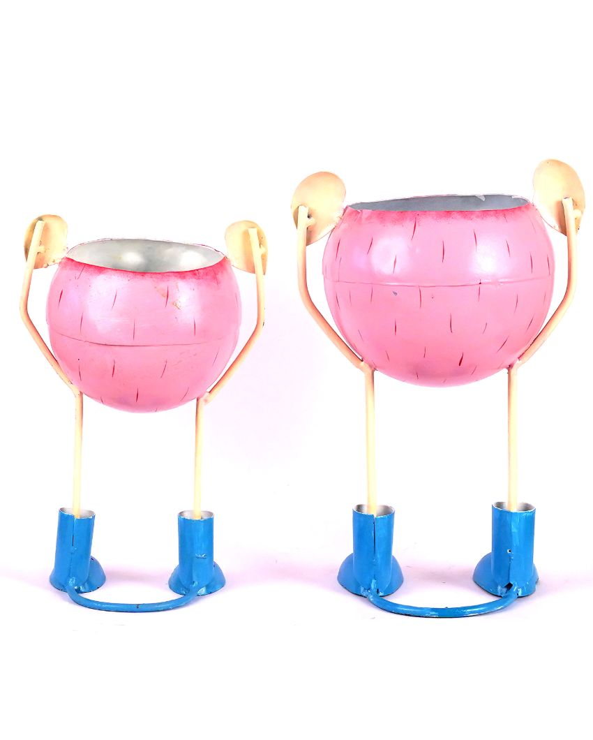 Doll Metal Handpainted Pink Color Flower Planter | Set Of 2 | Plant not included