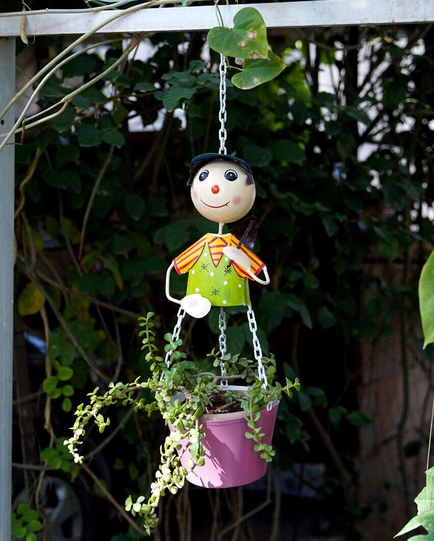 Green Color Handpainted Metal Farmer Flower Wall Hanging Planter | 7 x 30 inches