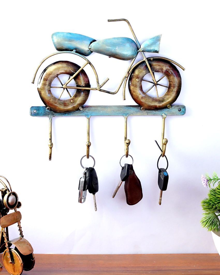 Metal Bike Showpiece Key Holder in Blue Color with 4 Hooks | 12 x 2 x 10 inches