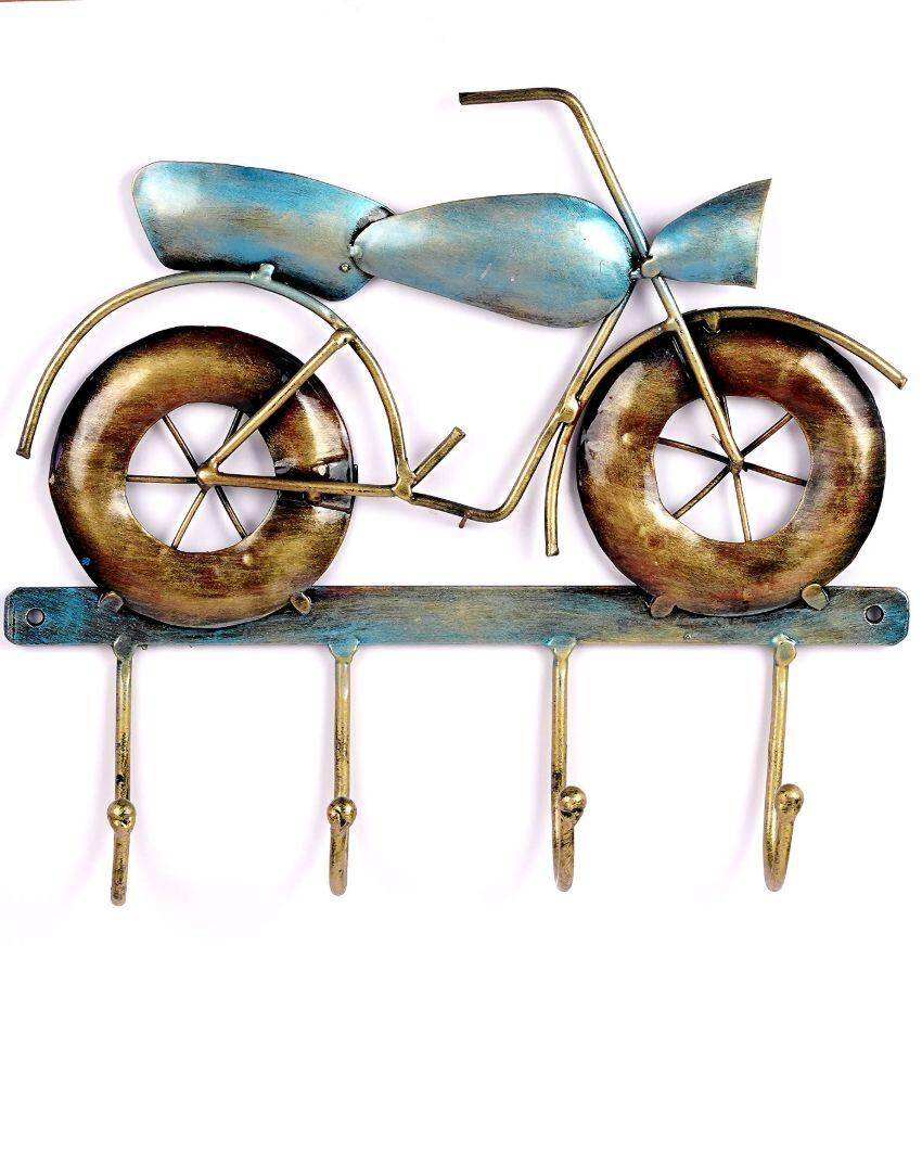 Metal Bike Showpiece Key Holder in Blue Color with 4 Hooks | 12 x 2 x 10 inches