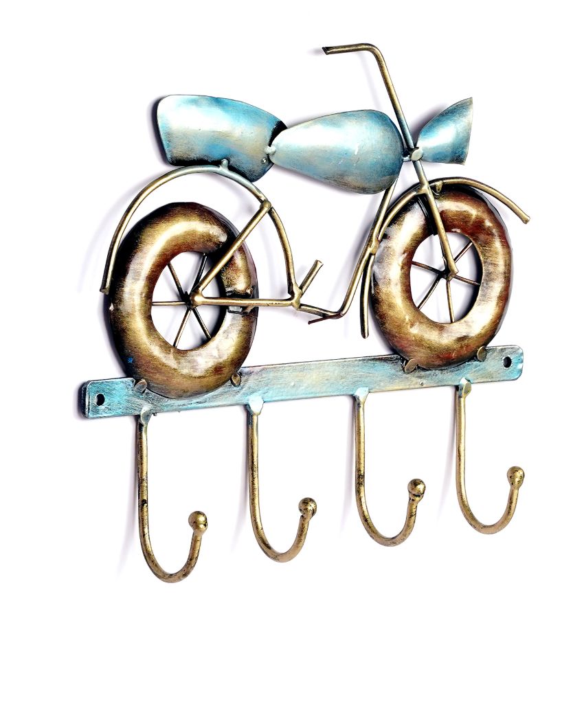Metal Bike Showpiece Key Holder in Blue Color with 4 Hooks | 12 x 2 x 10 inches
