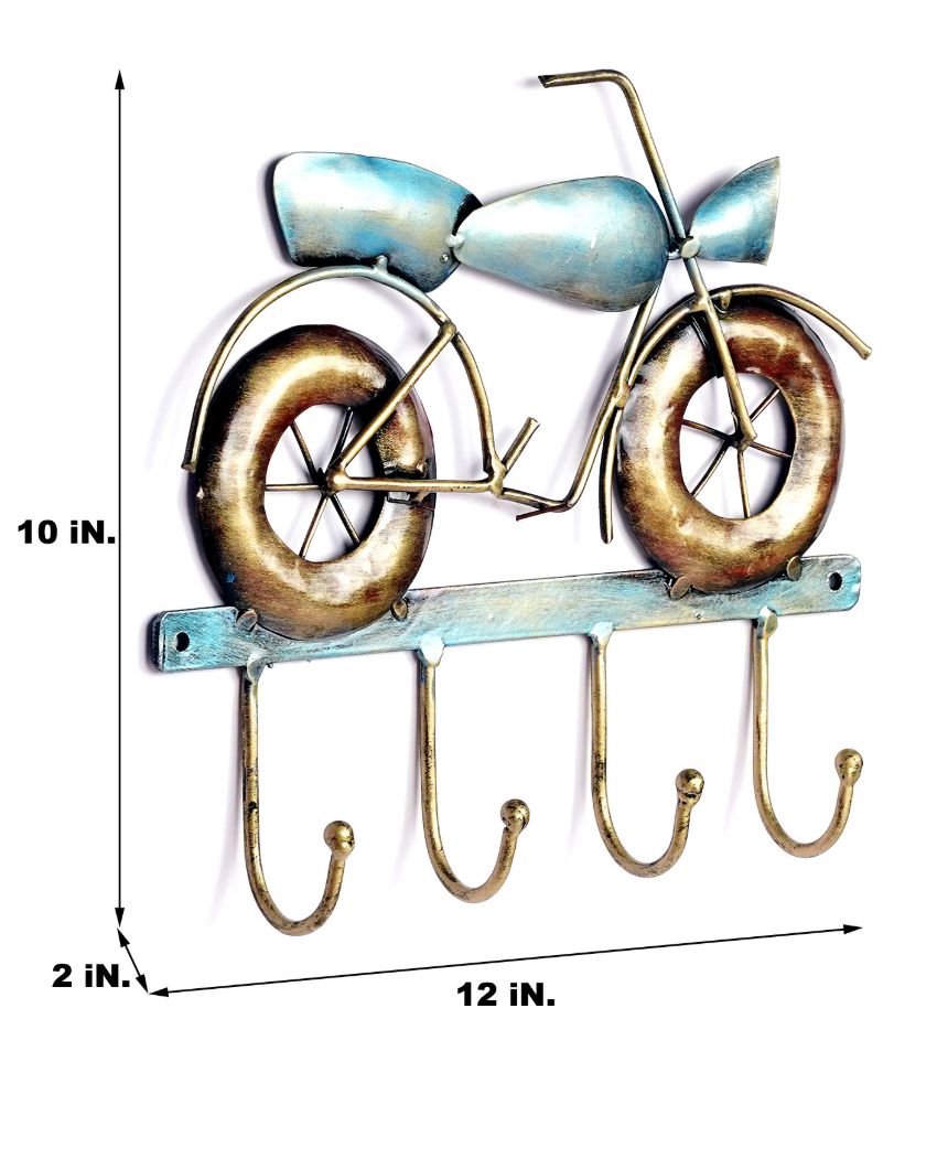 Metal Bike Showpiece Key Holder in Blue Color with 4 Hooks | 12 x 2 x 10 inches