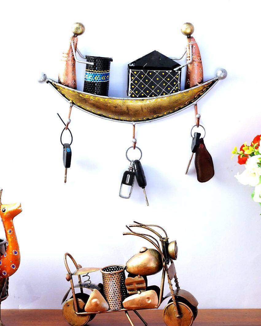 Boat Design Key Holder in Golden Color with 3 Hooks | 9 x 2 13 inches