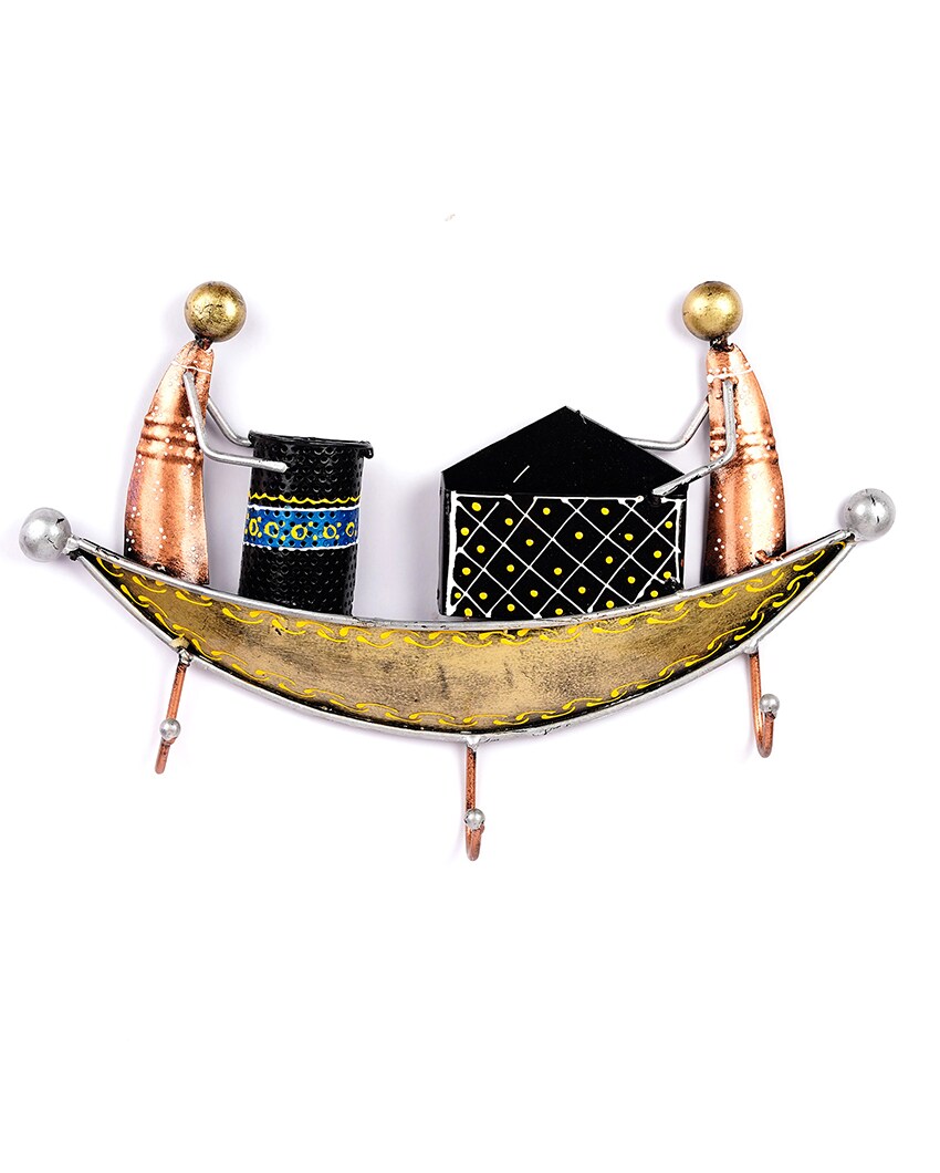 Boat Design Key Holder in Golden Color with 3 Hooks | 9 x 2 13 inches