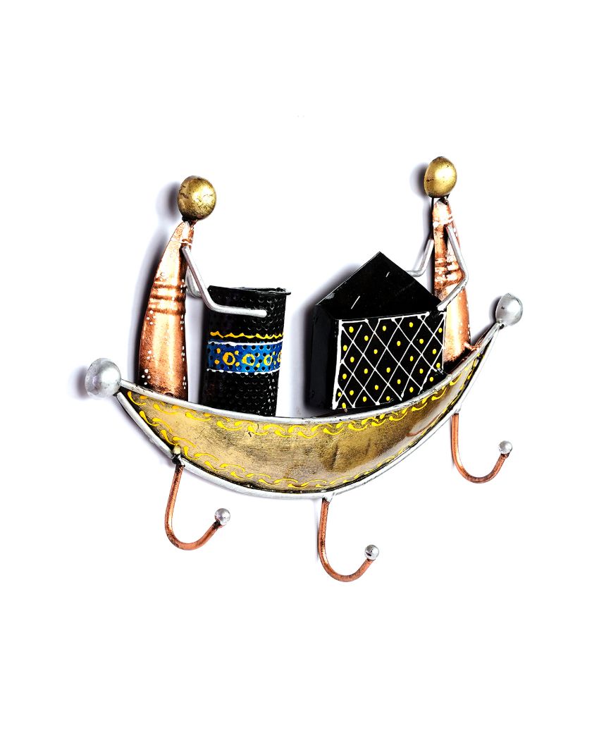 Boat Design Key Holder in Golden Color with 3 Hooks | 9 x 2 13 inches