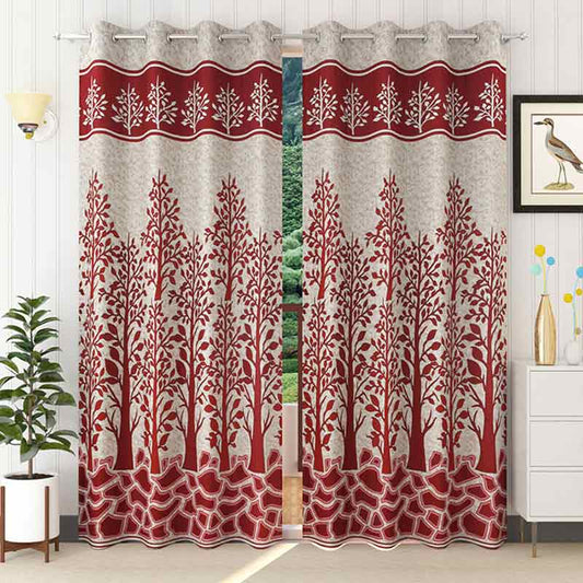 Maroon Tropical Jacquard Curtains | Set of 2 | 9 ft x 4 ft