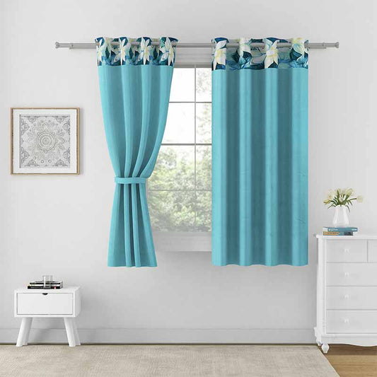 Teal Solid Floral Design Polyester Curtains | Set of 2 | 5 ft, 7 ft, 9 ft