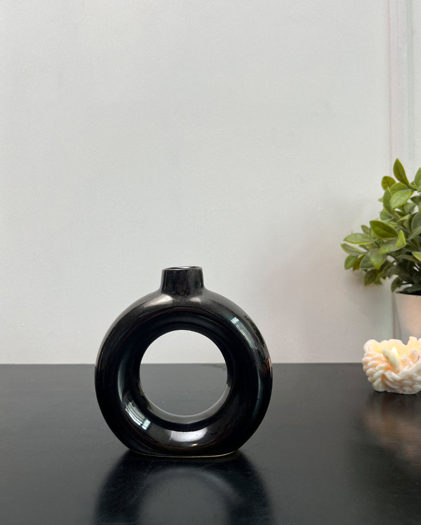 Modern Black Donut Ceramic Vase | 4 x 4 inches