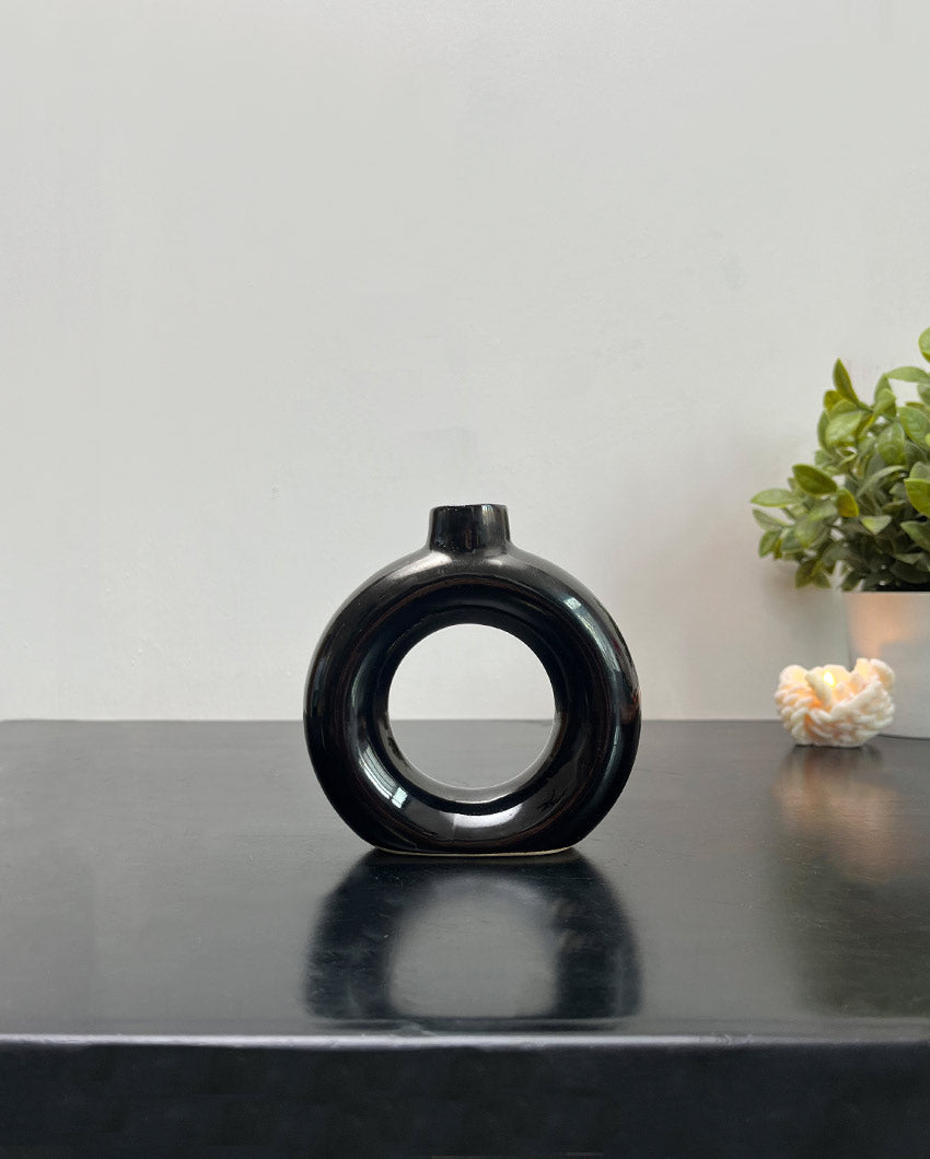 Modern Black Donut Ceramic Vase | 4 x 4 inches