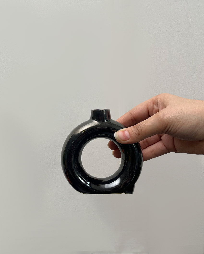Modern Black Donut Ceramic Vase | 4 x 4 inches